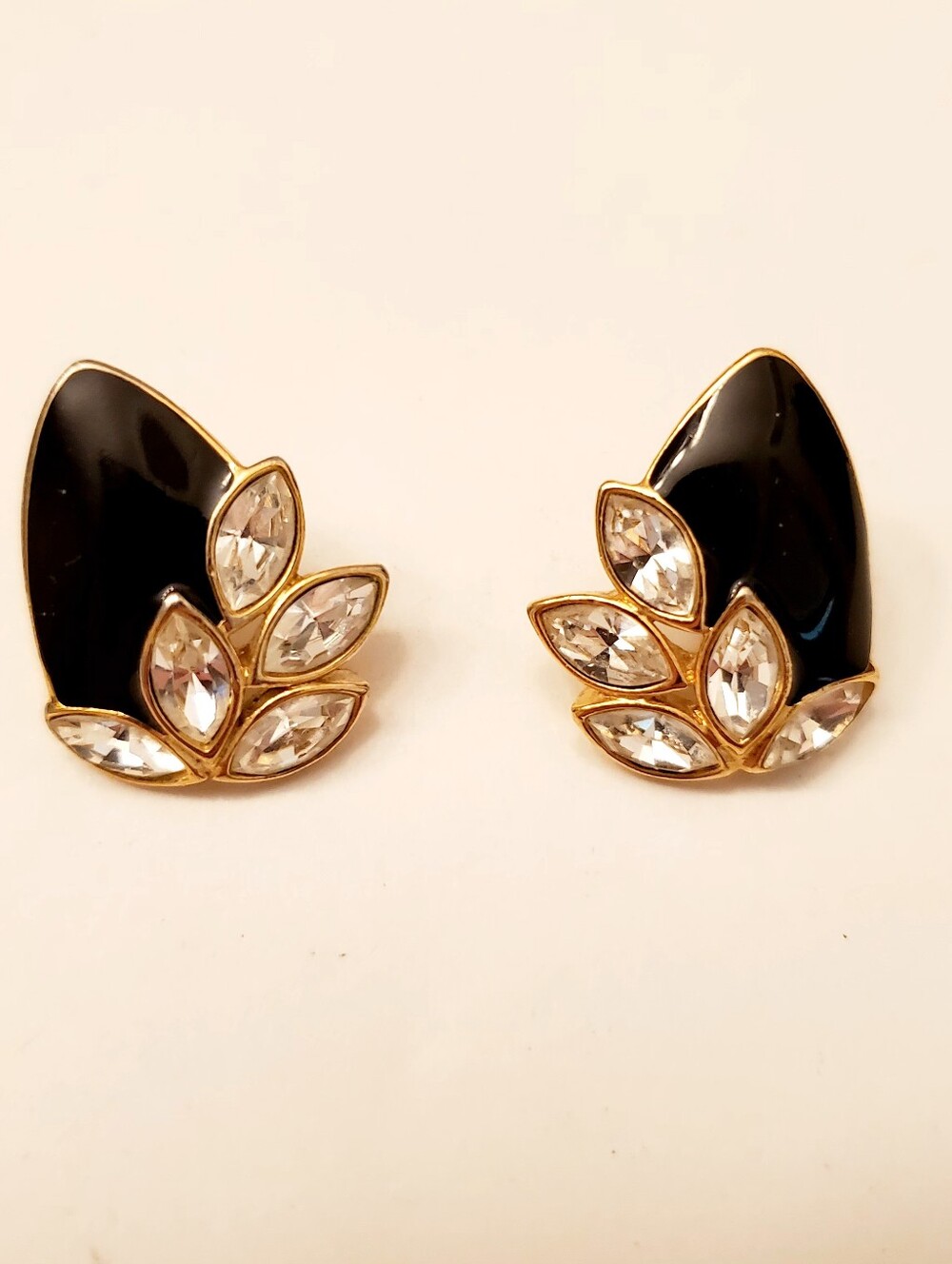 TRIFARI Crystal & Black Enamel Earrings, Gorgeous Vintage Post Back Style